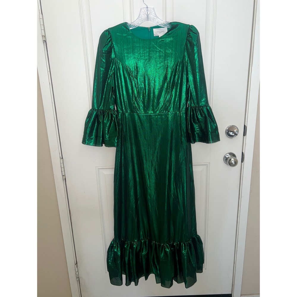 Pomander Place Emerald Crinkle Lurex Lillith Holiday Party MIdi Dress Sz Sm